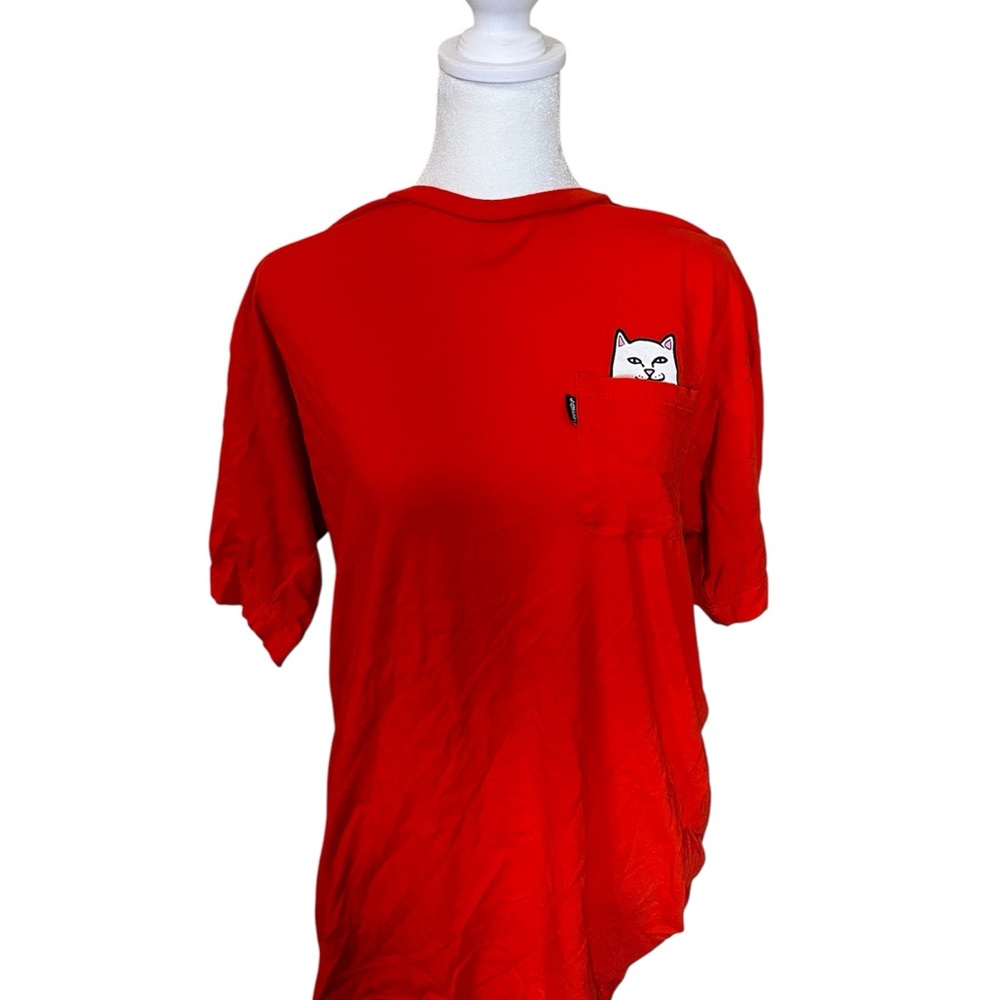 Red Short Sleeve Pocket Tee with Cat Print
